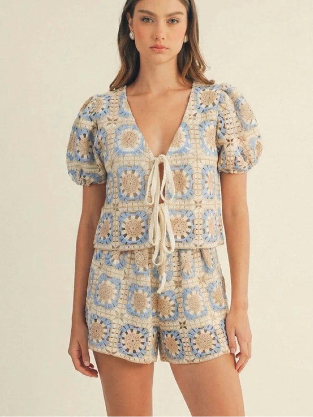 A643. Crochet Two-Piece Set in Cream, Beige & Light Blue
